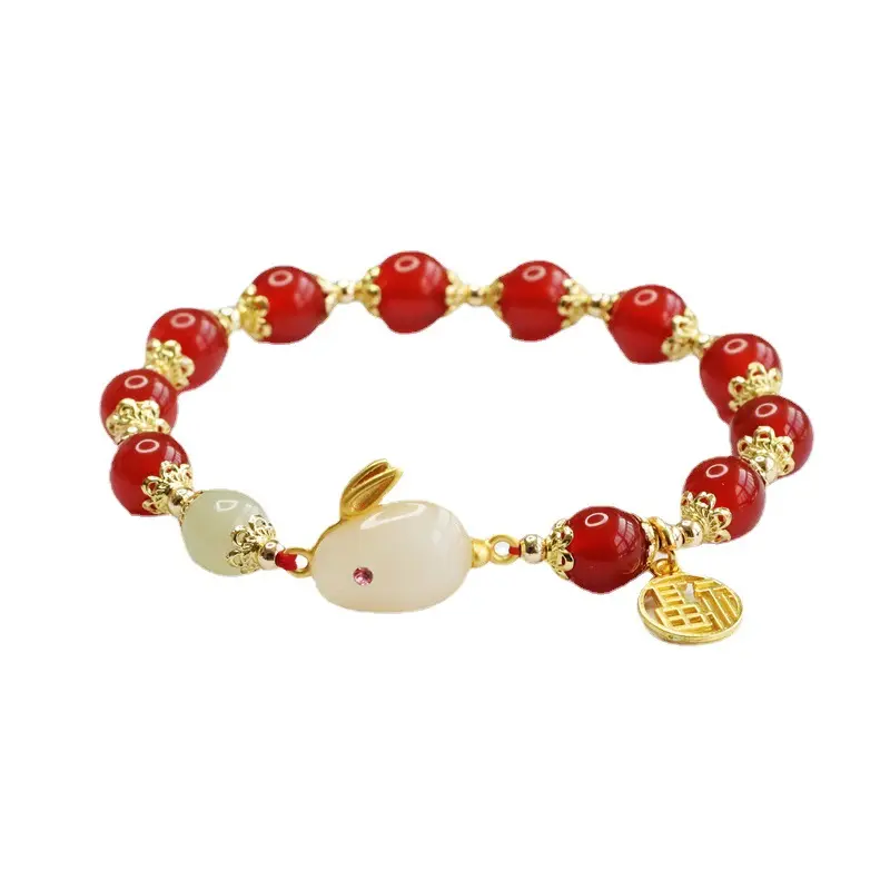 Customized holiday gifts handmade natural Hetian jade red agate rabbit bracelet