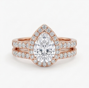 Pear Cut Moissanite Engagement <b>Ring</b> <b>Set</b> Rose Gold Plated Halo Bridal Band Stacking Wedding <b>Ring</b> for Women - Product Image 1