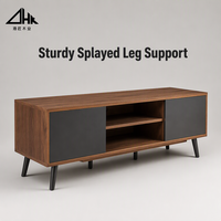 Meuble TV Minimaliste Moderne avec Finition Grain de Bois et Portes Grises, Console Multimédia Style Mid-Century pour Décoration de Salon