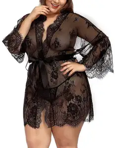 Plus Size Hollow Out Transparante Sexy Kant Lingerie Pijama Set Voor Vrouw