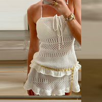Nouvelle Robe Courte de Plage en Chiffon Tricoté Creux Coupe Trapèze Sexy à Épaules Dénudées Ajustement Classique Été Tendance Unie avec Volants Mini Robe