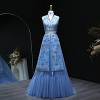 Jancember LSZ597 Ensemble classique bleu 2 pièces Cristal Volants Soirée Bal Vestido De Noite