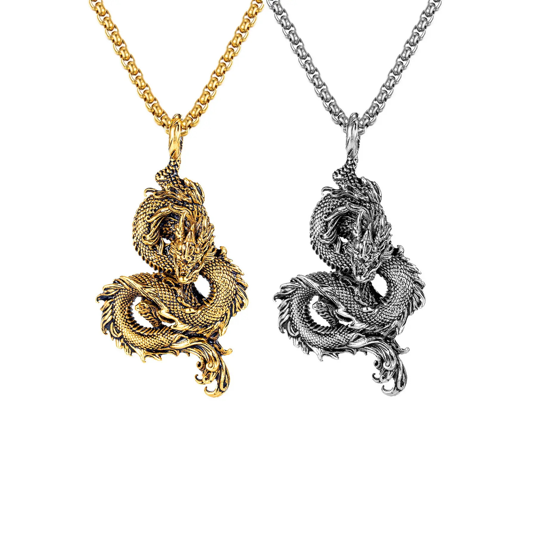 Chinese dragon necklace retro hip-hop style zodiac dragon pendant cross-border European and American titanium steel