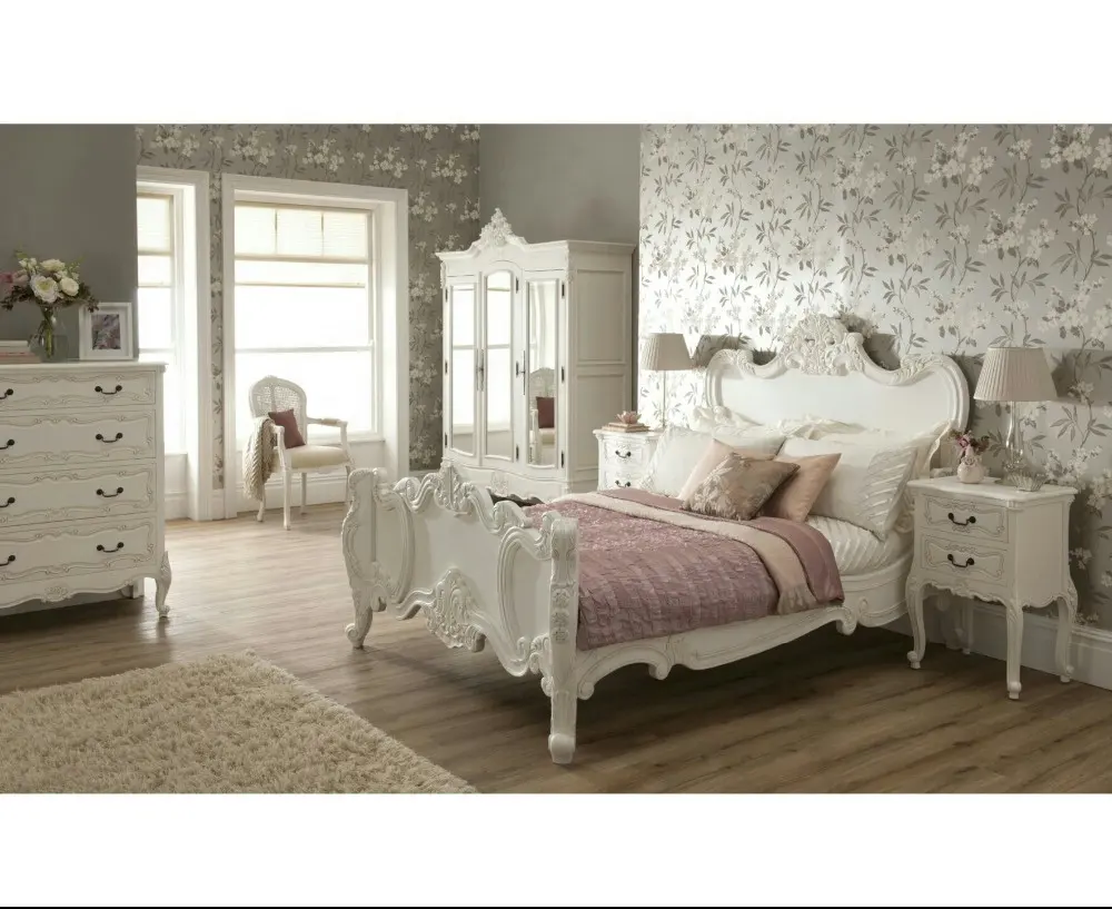 Fransız rokoko beyaz yatak antika oyma ahşap yatak odası mobilya Set endonezya