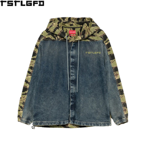Veste en jean à panneaux OEM/ODM, motif camouflage rayé tigre, à capuche, épaisse, style streetwear, vêtement d'extérieur hybride, vente en gros - Product Image 1