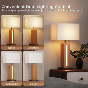 Modern Dimmable Table Lamps Set Of 2 Square Wood Grain Base With LED <b>Nightlight</b> For Bedside Use - Product Image 4