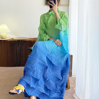 Robe longue plissée à col roulé et manches bouffantes pour femme grande taille, dégradé de trois couleurs, blocs de couleur, manches courtes, coupe ample trapèze