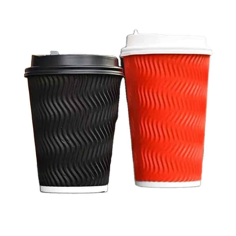 8/12/16 oz black ripple wall paper cup with lid custom printed logo professional cup paper manufacturers in China