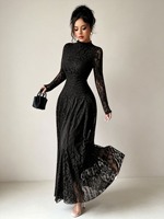 RO9193 Robe longue de soirée islamique de luxe pour femme, en dentelle, col montant, manches longues, coupe ajustée, jupe évasée fluide, style modeste