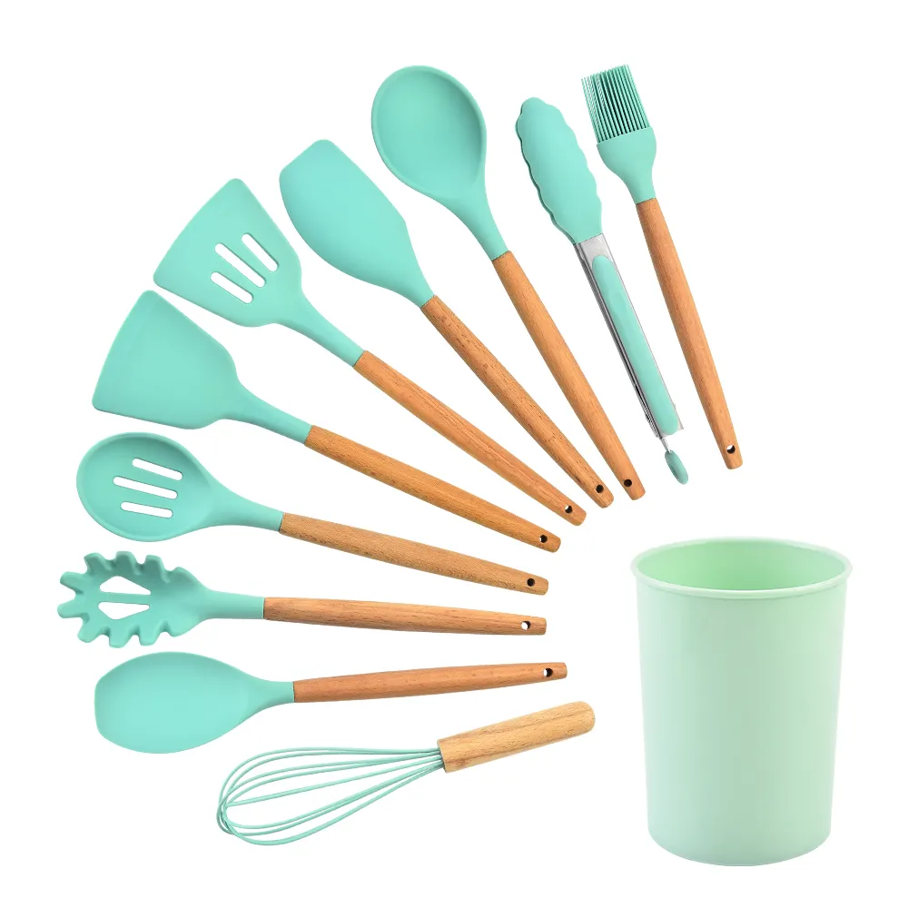 Silicone Cooking Utensils Kitchen Utensil Set with Natural Wooden Handles Nonstick Spatula Spoon Colander Kitchen Tool Turner To