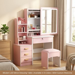 Meilleure <span class=keywords><strong>Vente</strong></span> Coiffeuse Moderne Nordique en Bois Blanc avec Miroir Éclairé et Tiroirs de Rangement pour Appartement - Product Image 1