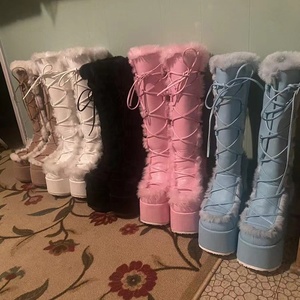 Women's Western Autumn/Winter Thick Chunky <b>Heels</b> Long Lace-Up Fur Boots <b>Round</b> <b>Toe</b> Fashion Platform Block <b>Heel</b> Knee-High - Product Image 6