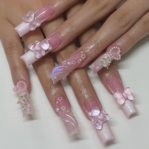 Faux ongles longs en forme de cercueil avec colle, en <span class=keywords><strong>diamant</strong></span> rose français de haute qualité, motif papillon, pour femmes, pour mariage - Product Image 1