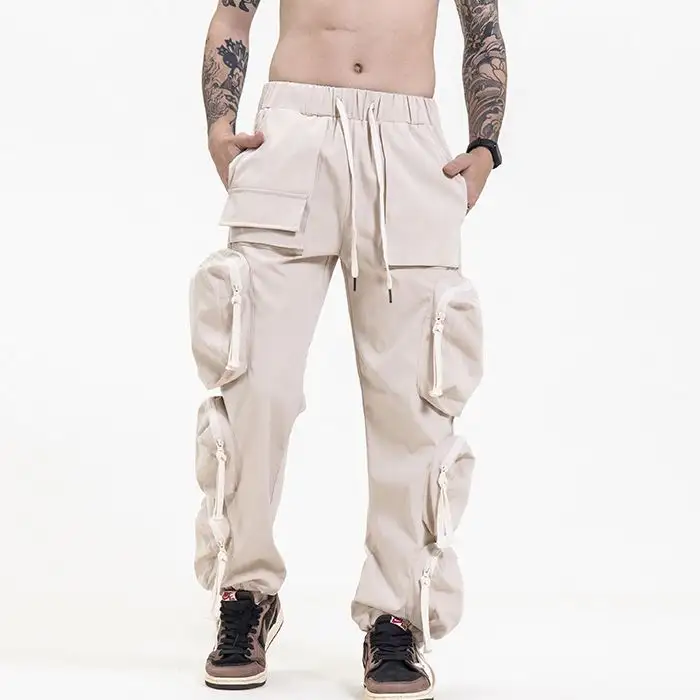 OEM Fashion streetwear drawstring elastic waist six zipper pockets overalls wear resistant mens track cargo pants trousers