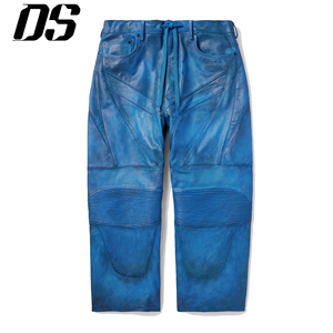 <span class=keywords><strong>Pantaloni</strong></span> Moto Baggy in <span class=keywords><strong>Pelle</strong></span> <span class=keywords><strong>Blu</strong></span> con Pannelli, Gamba Larga, Effetto Invecchiato e Consumato, Vita con Coulisse - Product Image 1