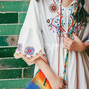 Ethnic Style Cotton Linen Long Dress White Tie Neck Loose Waist Embroidery Geometric Patterns Casual Dress 2025 Summer - Product Image 3