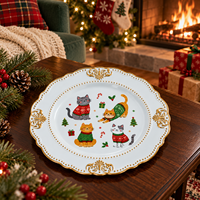 Assiette décorative élégante en plastique de 13 pouces, imprimée UV, chats de Noël avec bordure perlée dorée, pour la décoration de la maison et les tables de fête