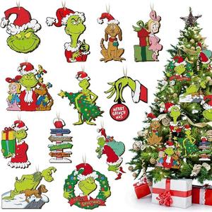 24 <strong>Wooden</strong> Grinch Character Christmas Tree Hanging Ornaments with Rope in Wreath and <strong>Signpost</strong> Shapes for Interior Decoration - Product Image 1