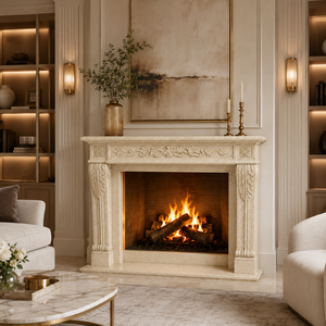 Traditional Marble <b>Fireplace</b> Mantel With Ornate Carving Super Cream Marfil Stone Indoor Wood Burning Hearth For Dining Room - Product Image 1