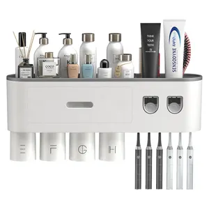 Toothbrush Holder Wall Mounted Toothpaste Dispense Double Automatic Toothpaste Dispenser Squeezer Kit 2/3/ 4/5 cups