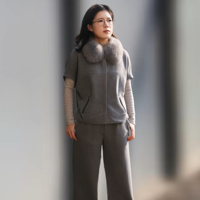 Cardigans en cachemire et laine à col de renard de luxe, pantalon large à jambes longues, vente en gros, sur mesure, ensemble 2 pièces pour femmes, bouton devant