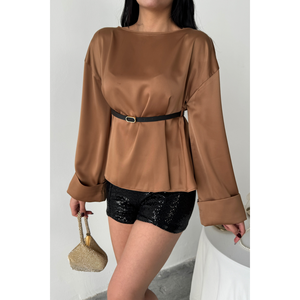 เสื้อเบลาส์ผ้าซาตินผูกเอวสำหรับผู้หญิง สไตล์ชิค ใส่ได้ทั้งแบบทางการและลำลอง ทรงยาว สีน้ำตาลล้วน ไซส์ XL เหมาะสำหรับใส่ทำงานในฤดูใบไม้ผลิ/ฤดูใบไม้ร่วง - Product Image 6