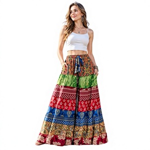 Women's Lightweight Silk/Cotton Boho Garara <b>Trousers</b> Mid <b>Elastic</b> <b>Waist</b> Boot Cut Summer Washed Vintage Flowy Breathable Loose - Product Image 1