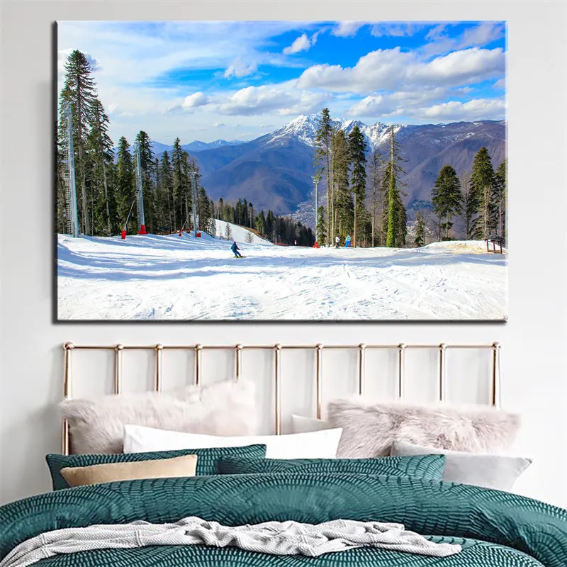 Pintura al óleo de paisaje al aire libre, lienzo de paisaje de montaña, árboles de pino en la nieve, imágenes artísticas de pared, paisaje de jardín