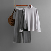 Ensemble de chandails en tricot pour femmes, haut à col roulé contrasté, pantalon large, ensemble deux pièces