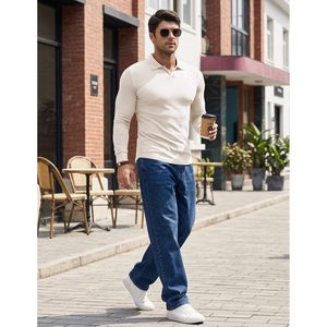FOXA Men's Polo Shirt Long Sleeve V Neck Knitted Cotton Breathable Casual Dress Golf Shirt - Product Image 3