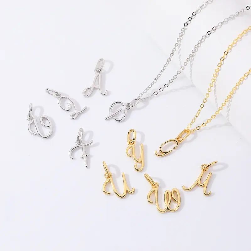 High quality simple gold plated 26 letter silver initials charm 925 necklace pendant