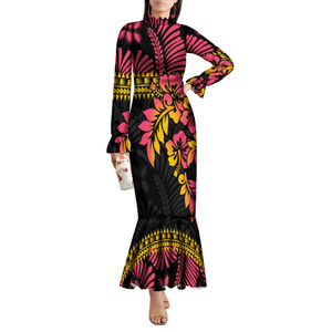 Hot Sale Custom Mermaid Fishtail <span class=keywords><strong>Prom</strong></span> Dress Hawaii Hibiscus Flower Print Design Ruffle Neck Mulheres Long Sleeve Casual Dress - Product Image 1
