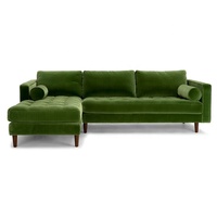 Canapé d'angle sectionnel moderne capitonné avec pieds en bois, 4 places, avec chaise longue à gauche, idéal pour entrepôts, villas et salons