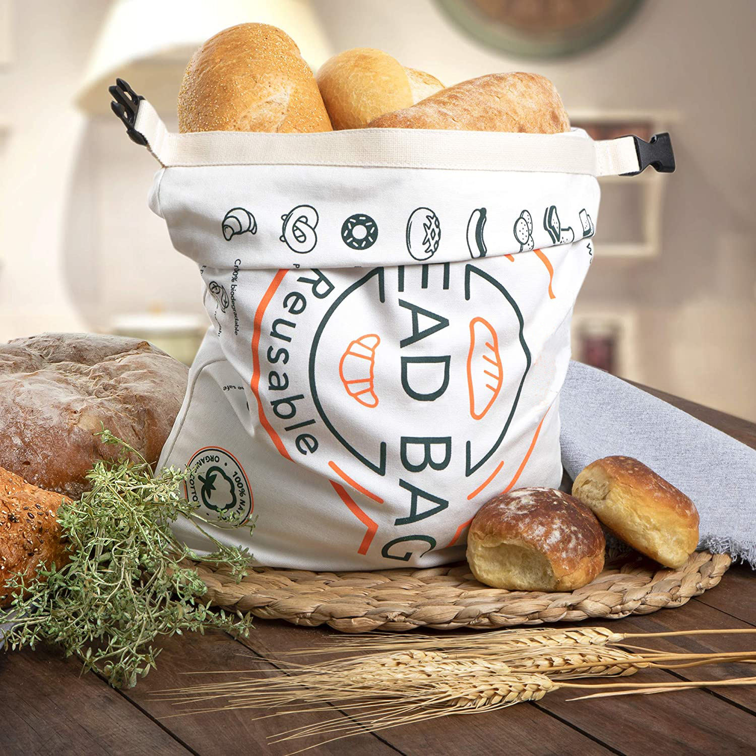 Organic Cotton Folding Bread Bag Reusable Canvas Grocery Bag, Oem