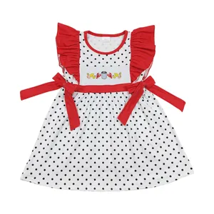 2024 gaun perempuan bayi baju butik pakaian anak perempuan bayi dot hitam lengan flutter merah jagung bordir krayfish keluaran baru grosir