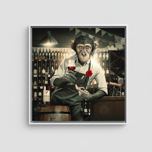 Banksy Monkey Bartender Canvas Art - Unique Printed Artwork,WHITE <b>FRAMED</b> CANVAS - Product Image 2