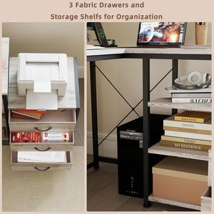 Home Office Work Study <strong>Grey</strong> Fabric Drawers <strong>Gaming</strong> <strong>Desk</strong> Power Outlets Open Shelves Corner L Shaped Computer <strong>Desk</strong> - Product Image 5