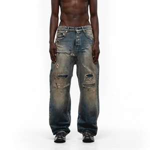OEM <strong>Mens</strong> High Level <strong>Jeans</strong> 5-Pocket Style Button Fly Sun-Fade Dirty Wash Repaired <strong>Workers</strong> <strong>Jeans</strong> denim wholesale - Product Image 2