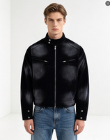 Blouson Biker Vintage en Velours Côtelé Délavé, Blouson Moto Court Zippé à Col Montant pour Homme, Décoration Peinture Éclaboussée Multi-Poches Streetwear