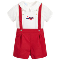 Ensembles de vêtements en coton pour bébés garçons espagnols été 2021, chemises rouges, shorts rayés, vêtements pour enfants, vente en gros 08AS105375