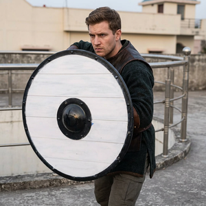 Round Wooden Viking Shield White With Black Rim And Central Boss Classic Style Decorative Artifact - Product Image 1