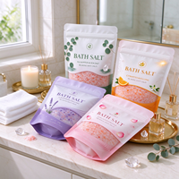 Sel de bain 500g en sachet refermable, naturel et biologique, aux senteurs de rose, lavande, eucalyptus et agrumes, pour bain relaxant, marque privée, coffret cadeau de sel de bain