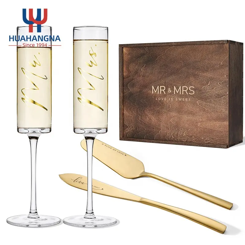 Custom Engraved Hand Made Crystal Glass Champagne Flutes with Cake Server Set in Wooden Gift Box for Wedding Engagement Birthday