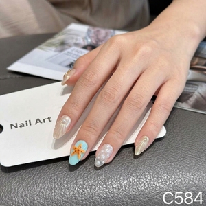 เล็บปลอมทำมือ C584 สไตล์ยุโรป ลายดอกไม้ มุก ปลาดาว ทรงอัลมอนด์ สำหรับใช้ในร้านเสริมสวย - Product Image 2