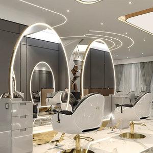 Muebles para Estaciones de Barbería, Estaciones de Estilismo de Doble Cara, Espejo de Salón con Electroplacado, Muebles de Salón Personalizados en Blanco y Dorado - Product Image 3
