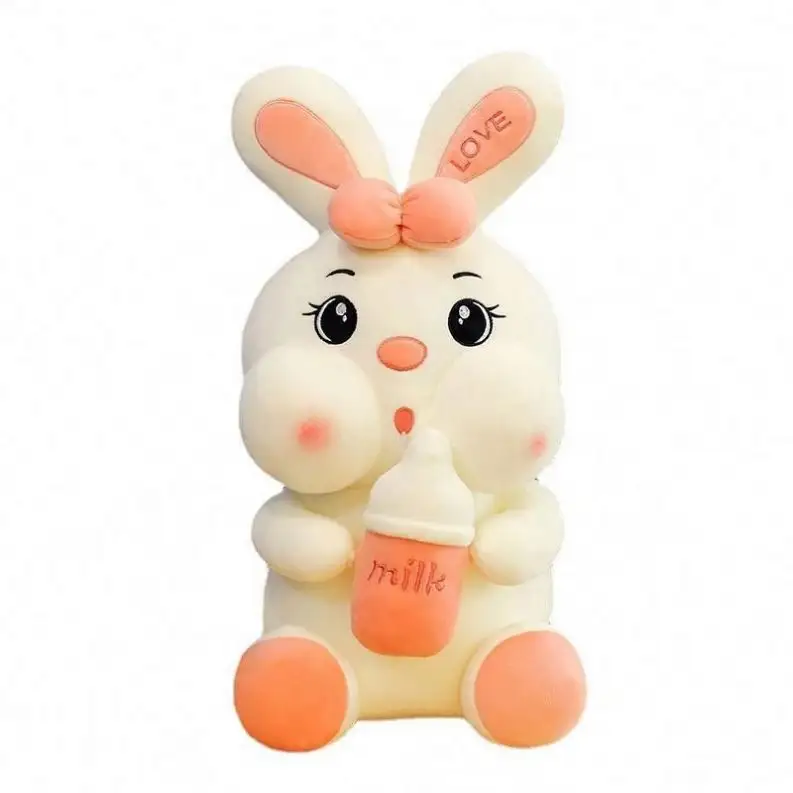 Gran lindo peso Rosa relleno bebé conejito conejo suave peluche juguete con botella de leche