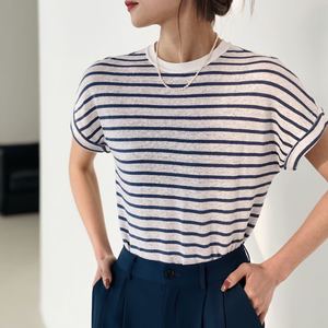 <span class=keywords><strong>T</strong></span>-<span class=keywords><strong>shirt</strong></span> a righe <span class=keywords><strong>in</strong></span> <span class=keywords><strong>lino</strong></span> di cotone <span class=keywords><strong>t</strong></span>-<span class=keywords><strong>shirt</strong></span> da 2022 estate nuova girocollo Casual con sfilata sottile da <span class=keywords><strong>donna</strong></span> a righe - Product Image 3