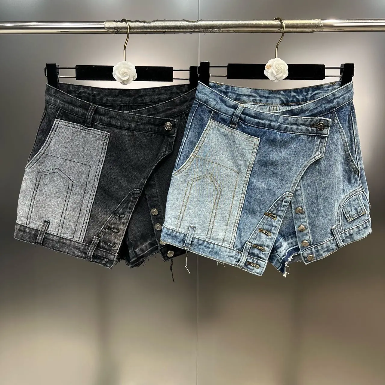 OUDINA New Stylish Unique Sexy Irregular Buttons Patchwork Wash Jean Skirts Shorts Denim Skirt For Women