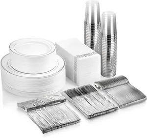 シルバーリム食器セット使い捨て-25ゲストプラスチックプレートセット、銀器、カップ付き、リネンのようなナプキン