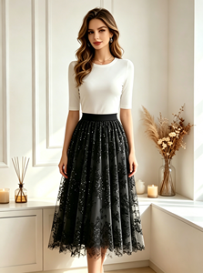 SWEET BABE Jupe midi noire à sequins et dentelle, taille naturelle, coupe trapèze, grande taille, pour l'été - Product Image 3
